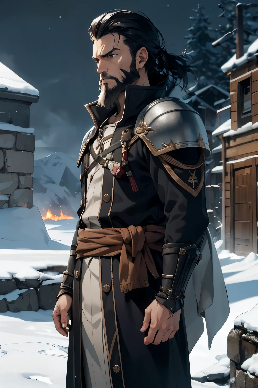 ((Best quality)), ((masterpiece)), detailed, ((pale skin)), black hair, medium build, blue eyes, black robe, Man, Scars, black beard, Light armor, young man, strong, young duke, cold expression, serious expression, frosty patterns, snowflake patterns, long sleeves, snow, iceberg, alaska, masterpiece, best quality, official art, extremely detailed CG unity 8k wallpaper, artbook, trimmed beard, beard, ((fire emblem character, fire emblem style)) ultimate, trimmed beard, intimidating, charismatic, good looking, veteran, experienced