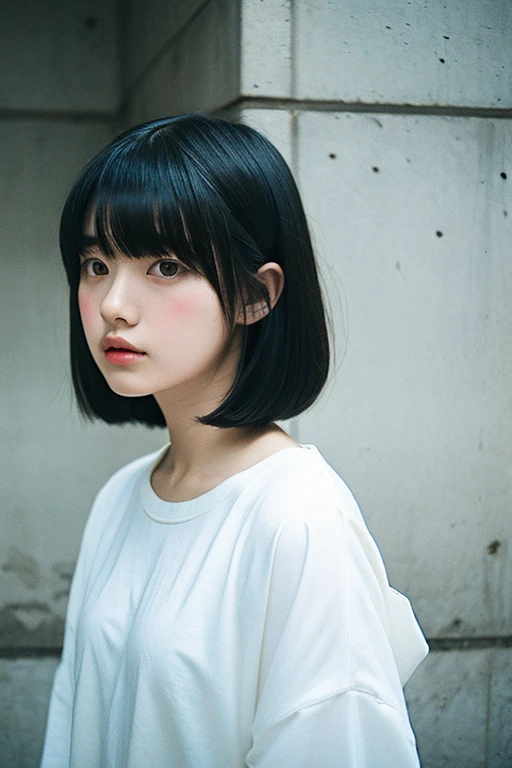 1 girl、Black-haired、Straight Bangs、Bob Cut Hair、Concrete walls and floors、Transcendental Silence、White clothes、Depth of written boundary、Absurd、Hmph、Ultra-detailed illustrations、Highly detailed face、Raw photo、Film Grain、deviantart Trends、