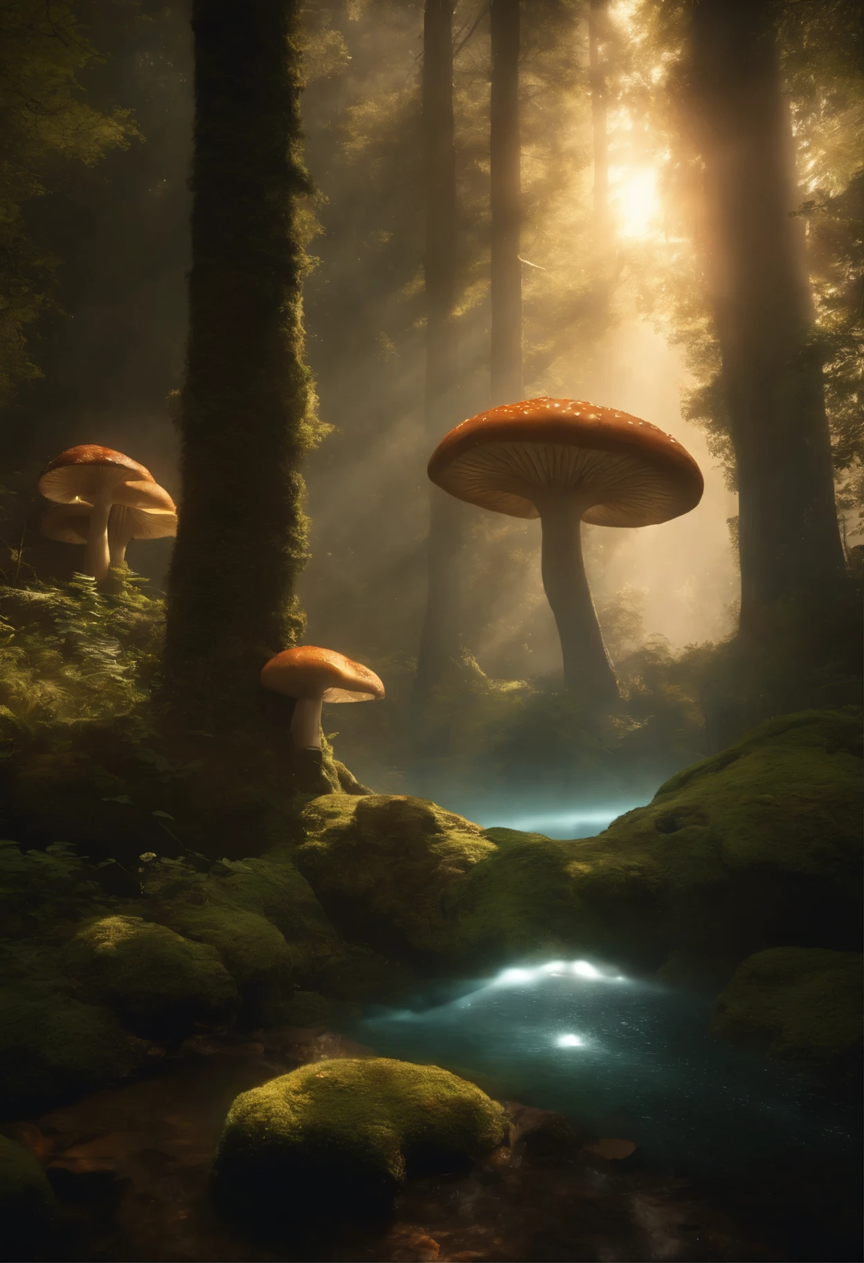 (cinematic fae realm landscape:1.4), Surreal elements, (atmospheric and mystical:1.3), (super realistic lighting:1.4), (giant glowing mushrooms:1.3), Floating islands in the sky, (luminescent plants:1.3), Enchanted forest with bioluminescent flora, (crystal clear rivers with floating lights:1.2), (fairy lights twinkling in the air:1.3), Magical mist drifting through the trees, (ethereal glow emanating from the foliage:1.3), Depth of field creating a dreamlike quality, (ray tracing:1.4), (HDR imaging:1.3), Volumetric lighting for atmospheric depth, (soft shadows enhancing realism:1.2), Subtle chromatic aberration, (film grain for cinematic effect:1.2), Highly detailed textures, (vibrant and rich colors:1.2)