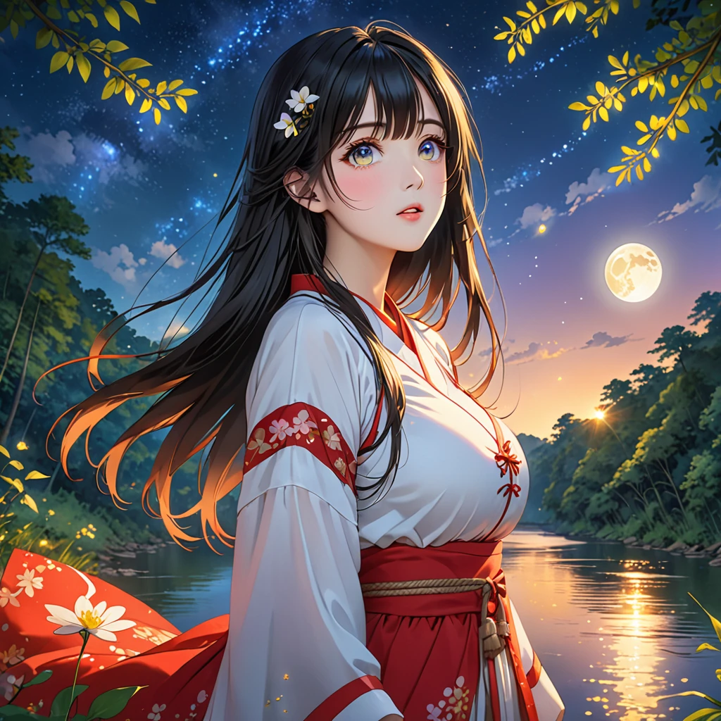 anime、Vibrant colors、Cool beauty、27 years old、Black Hair、Long Hair、Straight Hair、The bangs are cut above the eyebrows、Narrow eyes、Slanted Eyes、Bright eyes、Sharp Eyes、Sparkling eyes、Large Breasts、Night Sky、full moon、Looking up at the sky、Miko costume、summer、forest、river、100 fireflies flying around