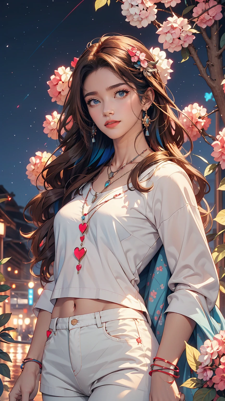 4K, June scenery, Beautiful woman, Long Hair, Brown Hair, Medium chest, blue eyes, White shirt, hot pants, Neon Red Heart Necklace, View Viewer, night, Multicolored hydrangea