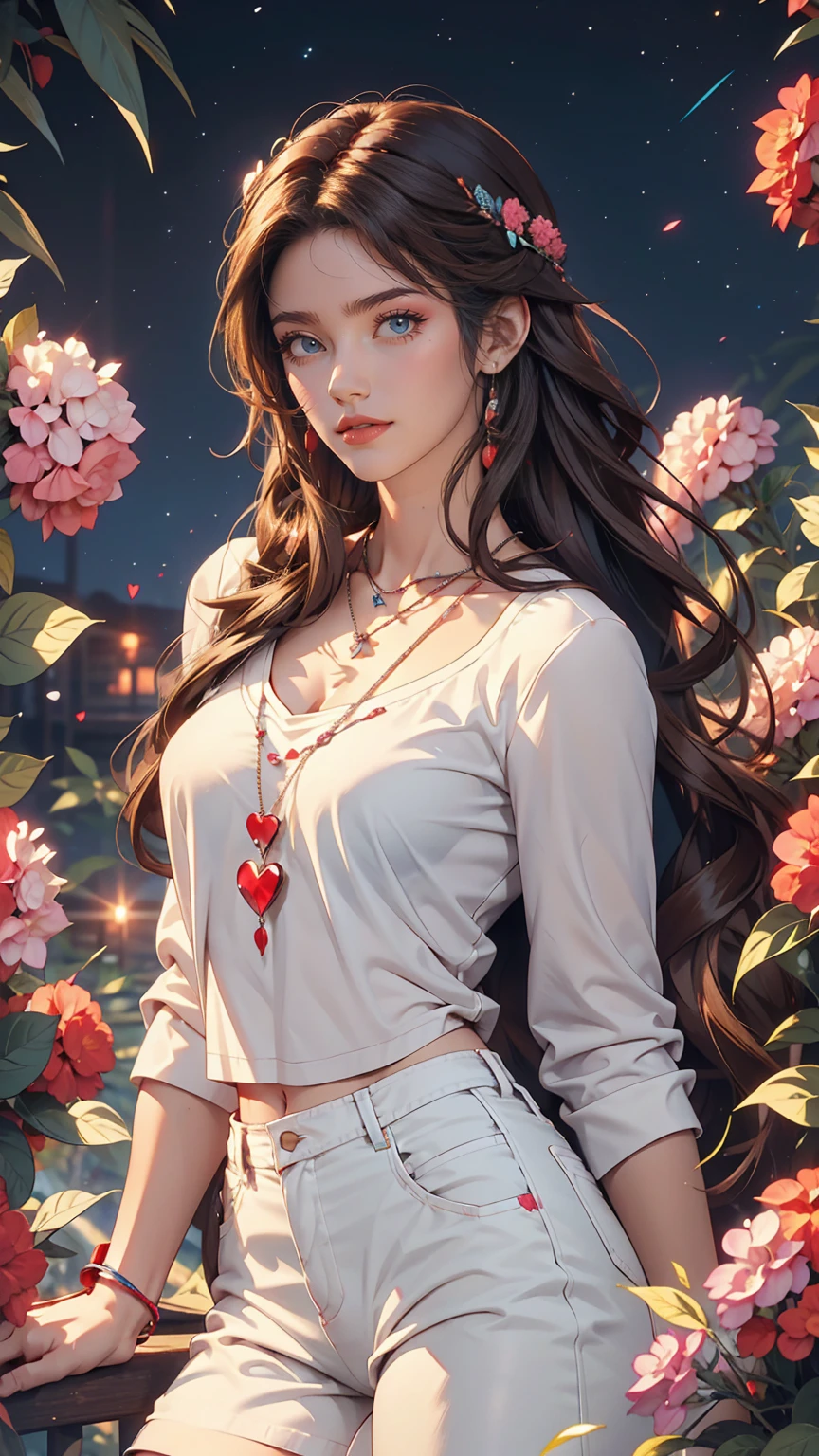 4K, June scenery, Beautiful woman, Long Hair, Brown Hair, Medium chest, blue eyes, White shirt, hot pants, Neon Red Heart Necklace, View Viewer, night, Multicolored hydrangea