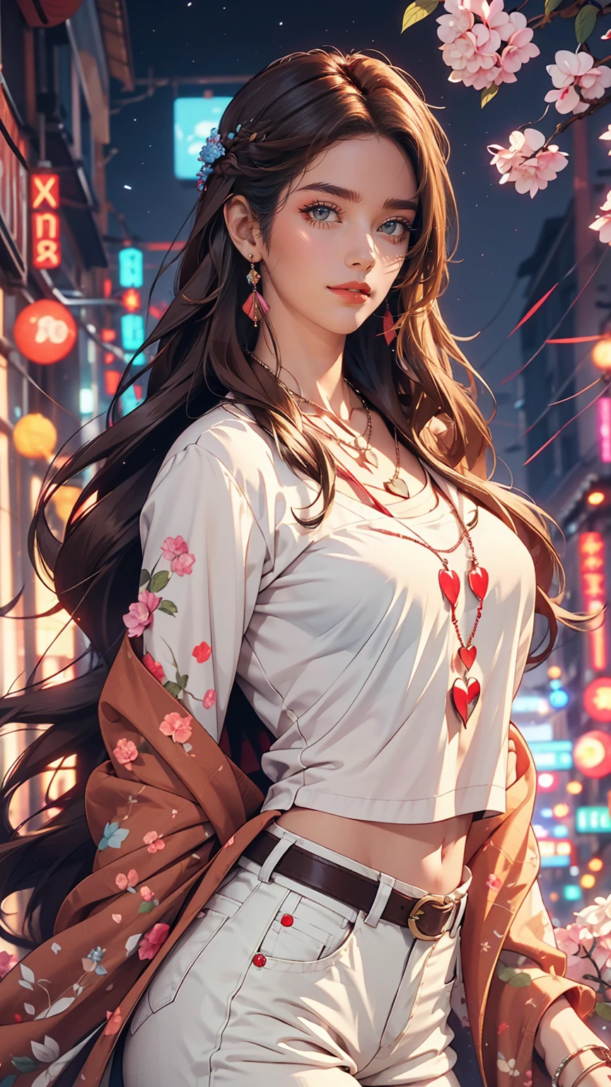 4K, June scenery, Beautiful woman, Long Hair, Brown Hair, Medium chest, blue eyes, White shirt, hot pants, Neon Red Heart Necklace, View Viewer, night, Multicolored hydrangea
