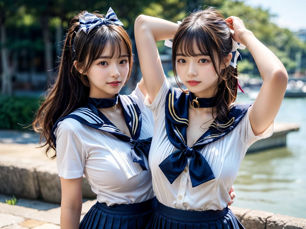 (((very heavy chest))),NSFW, 16k raw photos, highest quality, masterpiece, ultra high resolution, ((She is wearing Beautiful exposed redShe is wearing (a high school sailor uniform).
(navy sailor collar:1.4),(white shirt:1.4),(navy pleats skirt:1.4),(navy bow:1.4))).movie, ((2 girls, , 2 schoolgirls)),((attractive expression)),eyes shine、 looking at the viewer, natural skin texture very heavy chest))),((( metal black ribbon around the neck))).star handle mold、((yellow eyes)),Realistic eye and face details, lip whole, lipstick makeup), fluffy ponytail hair, laughter, Beautiful feet, tall woman, ((glowing skin)),((Beautiful armpit)), slim_feet, huge breasts, cleavage, beautiful natural places, beautiful flower garden、(detailed background,highly exposed, huge breasts, blurred background,, JK ribbon on the neck, jk ribbon, golden hair, bracelet, water, bangs, split your lips、armpit、beautiful hip line、glowing skin、(((eyes shine brightly))),lotion skin、High leg、((black hair)),highly exposed、Skimpy pink luxury fur coat、beautiful sea background、wind effect、