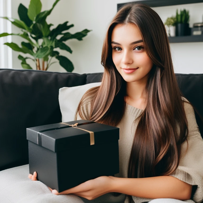 woman with long brown hair, brown eyes, potret in a living room, holding a black small box box, with both hands, 25 years old, laying on a couch 