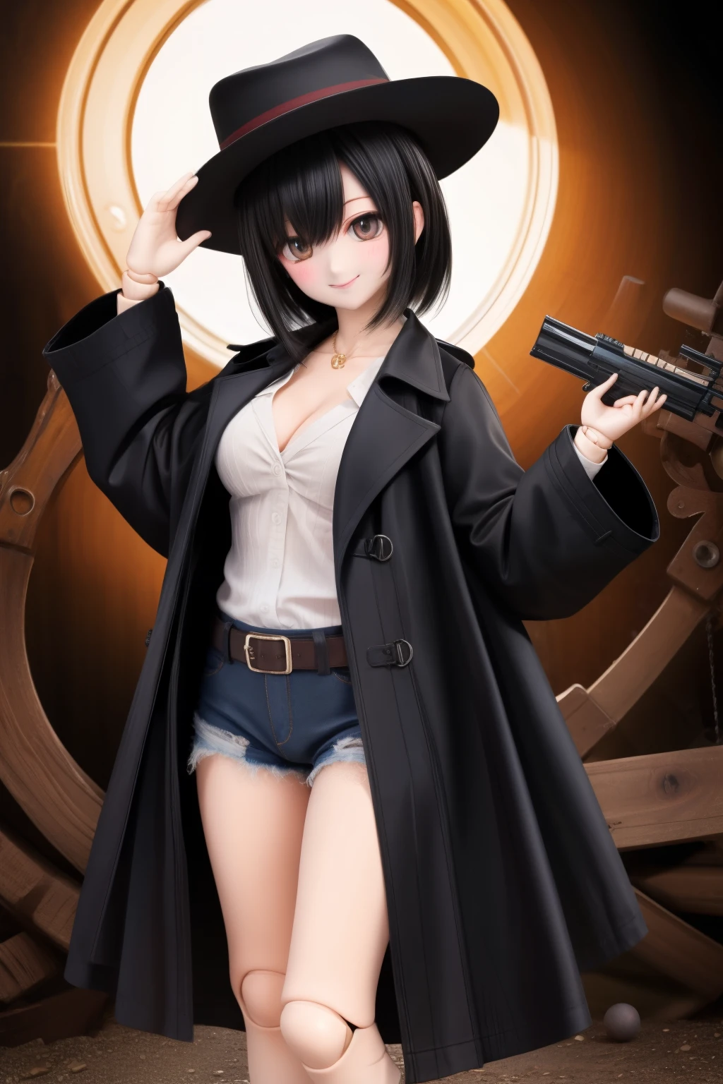 Black Hair、Black trench coat、Ball joints、Shotgun、Black Ten-Gallon Hat、Cowgirl、Tattered clothes,corridor,smile