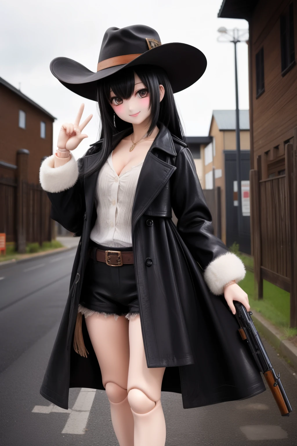 Black Hair、Black trench coat、Ball joints、Shotgun、Black Ten-Gallon Hat、Cowgirl、Tattered clothes,corridor,smile