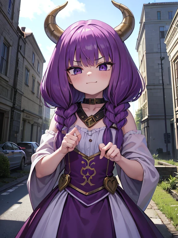 masterpiece, highest quality, Very detailed, 16k, Ultra-high resolution, Cowboy Shot, Detailed face, Perfect Fingers,  girl, aura the guillotine, long hair, (purple eyes:1.1), purple hair, braid, horns, twin braids, Holding a balance, In front of the ruins, Stand with a smug look on your face