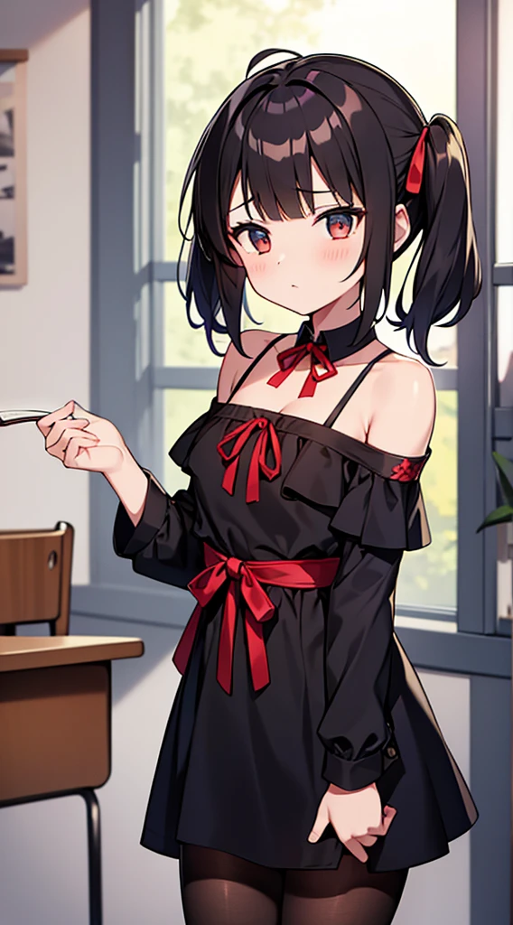 ((masterpiece, best quality, highres)), depth of field, BREAK, 1girl, standing, holding book, cowboy shot, BREAK, (classroom), BREAK, bbmiko, long hair, low twintails, blunt bangs, BREAK, collarbone, neck ribbon, red ribbon, black dress, black shirt, long sleeves, black sleeves, armband, black pantyhose,
