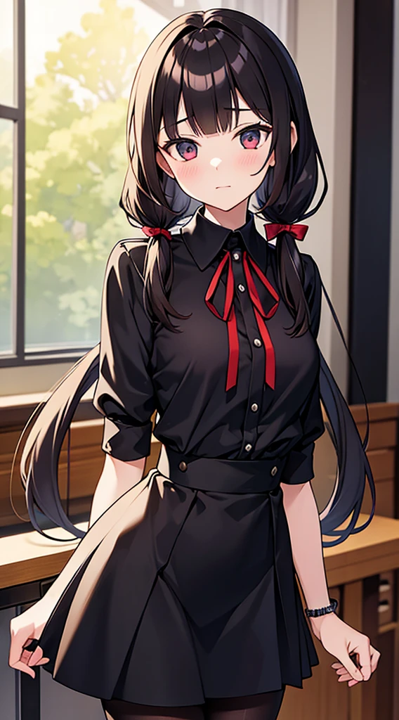 ((masterpiece, best quality, highres)), depth of field, BREAK, 1girl, standing, holding book, cowboy shot, BREAK, (classroom), BREAK, bbmiko, long hair, low twintails, blunt bangs, BREAK, collarbone, neck ribbon, red ribbon, black dress, black shirt, long sleeves, black sleeves, armband, black pantyhose,
