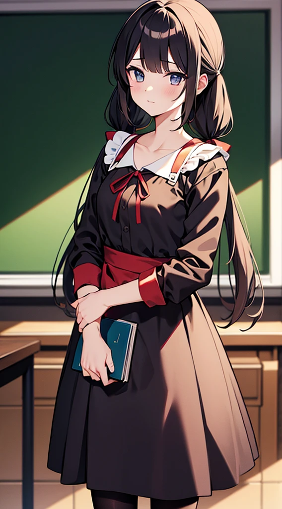 ((masterpiece, best quality, highres)), depth of field, BREAK, 1girl, standing, holding book, cowboy shot, BREAK, (classroom), BREAK, bbmiko, long hair, low twintails, blunt bangs, BREAK, collarbone, neck ribbon, red ribbon, black dress, black shirt, long sleeves, black sleeves, armband, black pantyhose,
