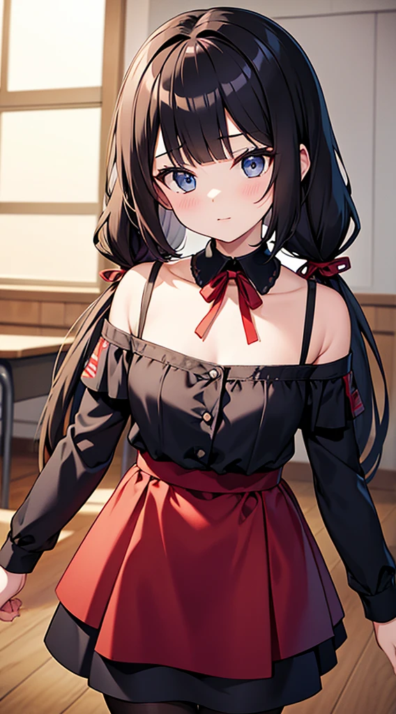 ((masterpiece, best quality, highres)), depth of field, BREAK, 1girl, standing, holding book, cowboy shot, BREAK, (classroom), BREAK, bbmiko, long hair, low twintails, blunt bangs, BREAK, collarbone, neck ribbon, red ribbon, black dress, black shirt, long sleeves, black sleeves, armband, black pantyhose,
