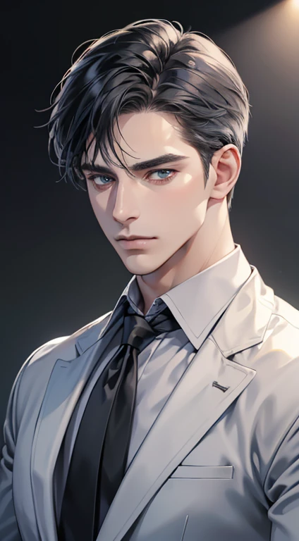 (best quality, masterpiece, 8K, photorealistic, cinematic lighting, hdr image, ultra detailed, beautiful image), 1 man, 31 years old, mature man, very handsome, (without expression, serious), short black hair, blue grey eyes ( penetrating gaze), perfect face without errors, imposing posture, without errors, businessman, office background