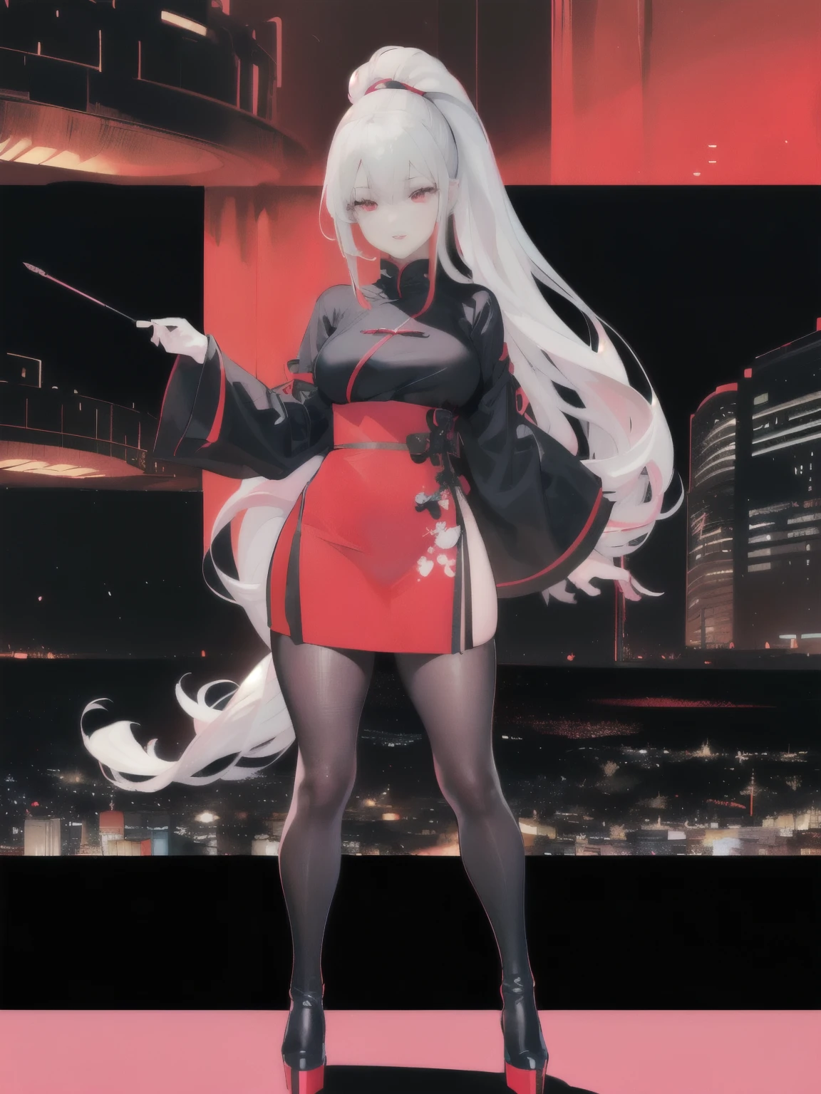 anime, (artwork, best quality, ultra-detailed, high contrast), 1 woman (Alone, full body, plus size body, standing on the edge of the skyscraper, silver hair, LONG In a ponytail, red eyes (detailed eyes), passionate expression, red lips (perfect lips), ruby sparkles, (simple black qipao), high heel boots neon pink), transparent black socks), (skyscraper roof, overlooking a city, detailed background ((night time, Darkness, low light pollution))) face in close