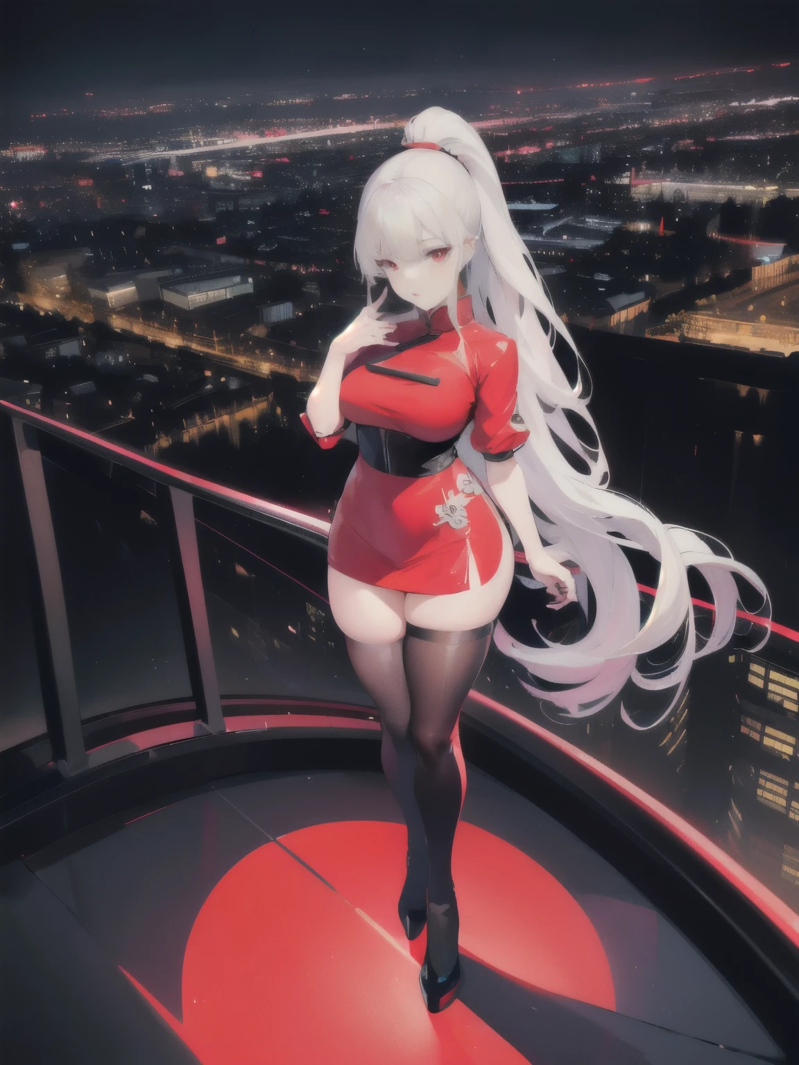 anime, (artwork, best quality, ultra-detailed, high contrast), 1 woman (Alone, full body, plus size body, standing on the edge of the skyscraper, silver hair, LONG In a ponytail, red eyes (detailed eyes), passionate expression, red lips (perfect lips), ruby sparkles, (simple black qipao), high heel boots neon pink), transparent black socks), (skyscraper roof, overlooking a city, detailed background ((night time, Darkness, low light pollution))) face in close