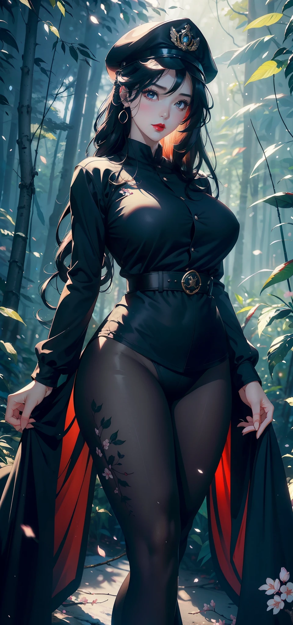 1female,45 yers old,Married woman,legs long, a slender waist, photo exposure, 独奏,(Background with:at a forest,the rainforest,Ground area water) She has long black hair,Stand deep in the forest,seen from the front, curlies, sky with many clouds,(((tmasterpiece),(Very detailed CG unified 8k wallpaper),Best quality,电影灯光,detailed back ground,beautiful pupil,(very delicate beautiful),(Beautiful and detailed eyes description),ultra - detailed,tmasterpiece,))Redlip,Snow-white skin,a little bit chubby,pubic hair very large,facing at the camera,A high resolution,ultra - detailed),Revealed,Very huge,, convex,Camel toes,The cleavage protrudes,athlete(dressed in:,aprons),