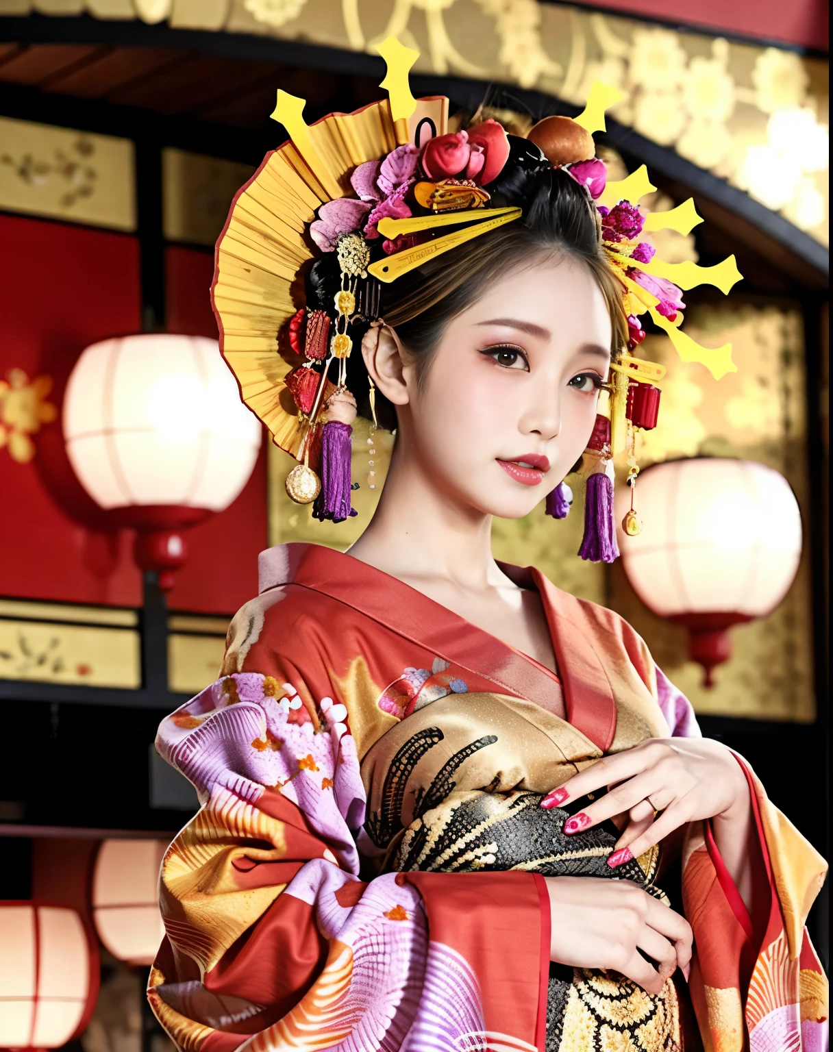 4k, masterpiece, High resolution, confused,Natural volumetric lighting and best shadows, 笑face,deep i is written in the depth of the world,soft delicate beautiful attractive face, beautiful edge courtesan_woman, a woman in a kimono posing for a picture ,Oiran with a perfect edge_face,Oiran with a perfect edge_body,edgOiran_compensate,edgOiran_hairstyle、NSFW、Overweight, Extremely fat, ((Chubby))