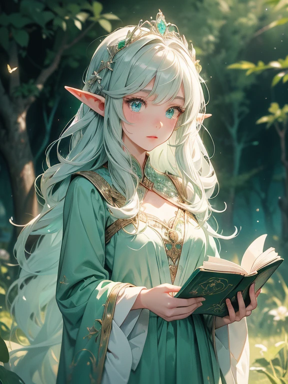 Create a stunning artwork of a majestic elf girl standing in a beautiful, serene landscape. The elf girl should have long, flowing hair, pointed ears, and elegant, ethereal features. She wears a flowing gown adorned with intricate patterns that complement her graceful appearance.

Details for the elf girl:

Long, wavy silver or golden hair.
Deep, expressive eyes (colors like emerald green or sapphire blue).
A delicate tiara or circlet on her head, embellished with small gemstones.
Ears should be pointed, characteristic of elves.
Her gown should be elegant and detailed, possibly in shades of white, blue, or forest green, with floral or celestial motifs.
She could be holding a staff or an ancient book, adding a touch of mystique.
Details for the scenery:

A magical forest with towering, ancient trees and luminescent flora.
A sparkling river or a serene lake reflecting the soft glow of the setting sun or moonlight.
Rolling hills or mountains in the background, covered with lush greenery.
A sky filled with a mesmerizing blend of colors from a sunset or a starry night.
Elements like ethereal lights, floating petals, or mystical creatures like butterflies or fireflies to enhance the magical atmosphere.
