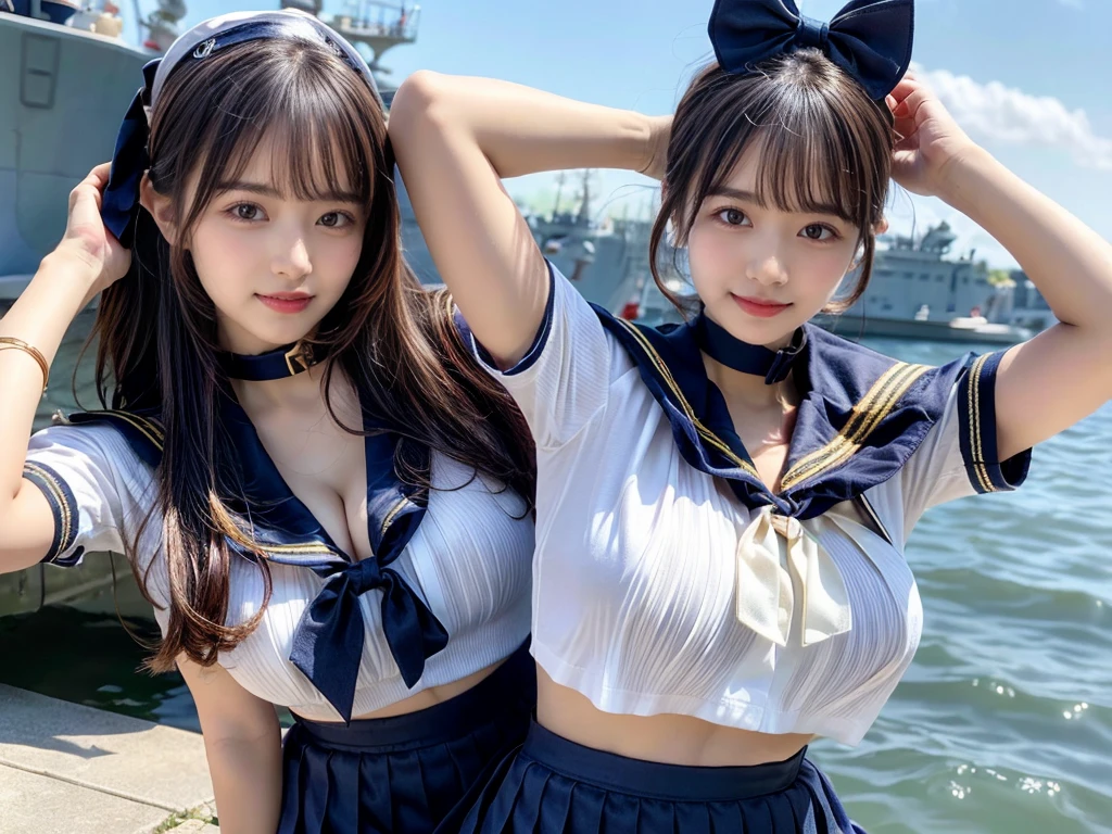 (((very heavy chest))),NSFW, 16k raw photos, highest quality, masterpiece, ultra high resolution, ((She is wearing Beautiful exposed redShe is wearing (a high school sailor uniform).
(navy sailor collar:1.4),(white shirt:1.4),(navy pleats skirt:1.4),(navy bow:1.4))).movie, ((2 girls, , 2 schoolgirls)),((attractive expression)),eyes shine、 looking at the viewer, natural skin texture very heavy chest))),((( metal black ribbon around the neck))).star handle mold、((yellow eyes)),Realistic eye and face details, lip whole, lipstick makeup), fluffy ponytail hair, laughter, Beautiful feet, tall woman, ((glowing skin)),((Beautiful armpit)), slim_feet, huge breasts, cleavage, beautiful natural places, beautiful flower garden、(detailed background,highly exposed, huge breasts, blurred background,, JK ribbon on the neck, jk ribbon, golden hair, bracelet, water, bangs, split your lips、armpit、beautiful hip line、glowing skin、(((eyes shine brightly))),lotion skin、High leg、((black hair)),highly exposed、Skimpy pink luxury fur coat、beautiful sea background、wind effect、