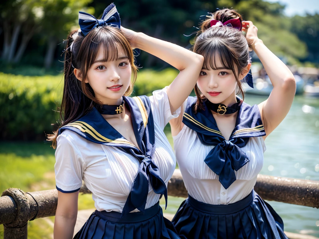 (((very heavy chest))),NSFW, 16k raw photos, highest quality, masterpiece, ultra high resolution, ((She is wearing Beautiful exposed redShe is wearing (a high school sailor uniform).
(navy sailor collar:1.4),(white shirt:1.4),(navy pleats skirt:1.4),(navy bow:1.4))).movie, ((2 girls, , 2 schoolgirls)),((attractive expression)),eyes shine、 looking at the viewer, natural skin texture very heavy chest))),((( metal black ribbon around the neck))).star handle mold、((yellow eyes)),Realistic eye and face details, lip whole, lipstick makeup), fluffy ponytail hair, laughter, Beautiful feet, tall woman, ((glowing skin)),((Beautiful armpit)), slim_feet, huge breasts, cleavage, beautiful natural places, beautiful flower garden、(detailed background,highly exposed, huge breasts, blurred background,, JK ribbon on the neck, jk ribbon, golden hair, bracelet, water, bangs, split your lips、armpit、beautiful hip line、glowing skin、(((eyes shine brightly))),lotion skin、High leg、((black hair)),highly exposed、Skimpy pink luxury fur coat、beautiful sea background、wind effect、