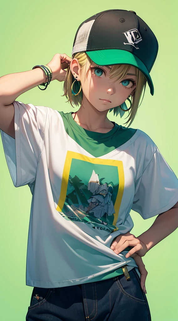 nomura tetsuya, masterpiece, best quality, 1girl, aqua eyes, baseball cap, blonde hair, closed mouth, earrings, green background, hat, hoop earrings, jewelry, looking at viewer, shirt, short hair, simple background, solo, upper body, yellow shirt 