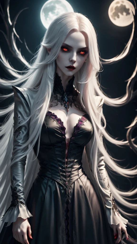 (best quality,4k,8k,highres,masterpiece:1.2),ultra-detailed,(realistic,photorealistic,photo-realistic:1.37),gothic style,gloomy atmosphere,dark shadows,eerie,haunting beauty,vampire girl,red eyes,pale complexion,long hair,long flowing dress,night scene,mysterious moonlight,hints of blood red,gloomy and mysterious,color palette: deep blacks and rich purples,dramatic lighting,ethereal and supernatural presence