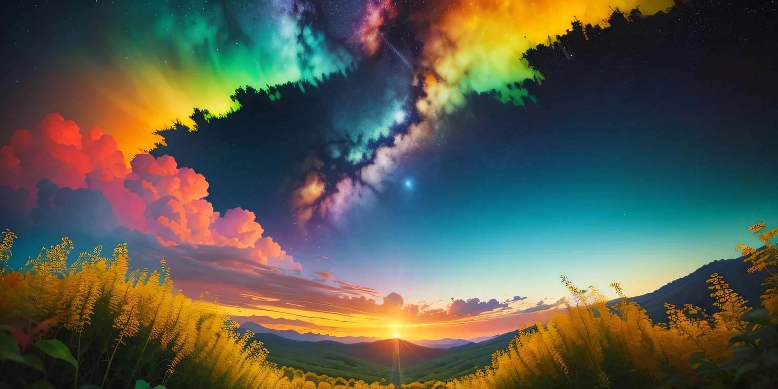 Obra de arte, 8K wallpapers, extremamente detalhado, melhor qualidade, alta qualidade, paisagens. ((ColoVermelho sky)), nuvens, (((lua cheia, nebulosa e estrelas de fundo))), (montanhas), panorama, , Aprimoramento de detalhes, Aprimoramento de detalhes, girassol, girassols, Perfeito. fotografia premiada, profundidade de campo, HDR, fotorrealismo, altamente detalhado, intricado, alto detalhe, dramatic, ((Imagem colorida)), ((Single image)), noite, realista, (((cores vivas)), azul, Vermelho, Amarelo, Laranja, verde, ((light raios, raios)),