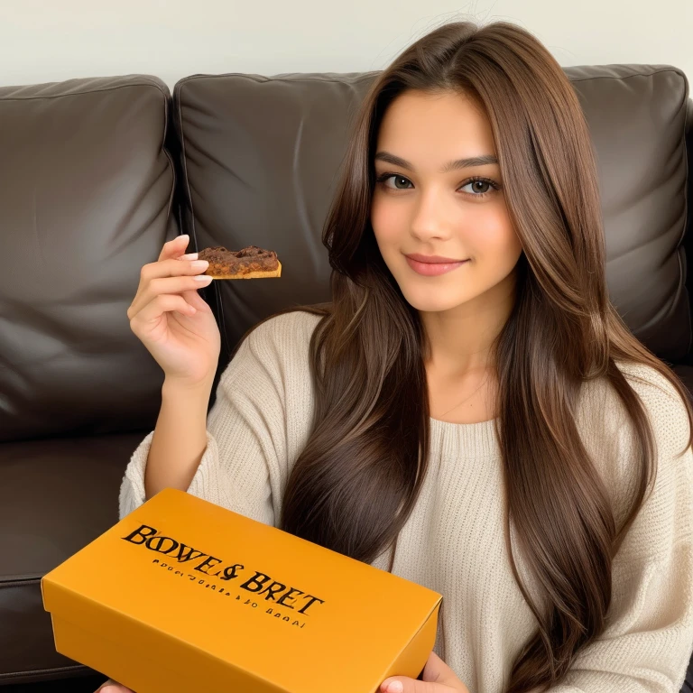 woman with long brown hair, brown eyes, potret in a living room, holding a box with food   with both hands, 25 years old, laying on a couch 