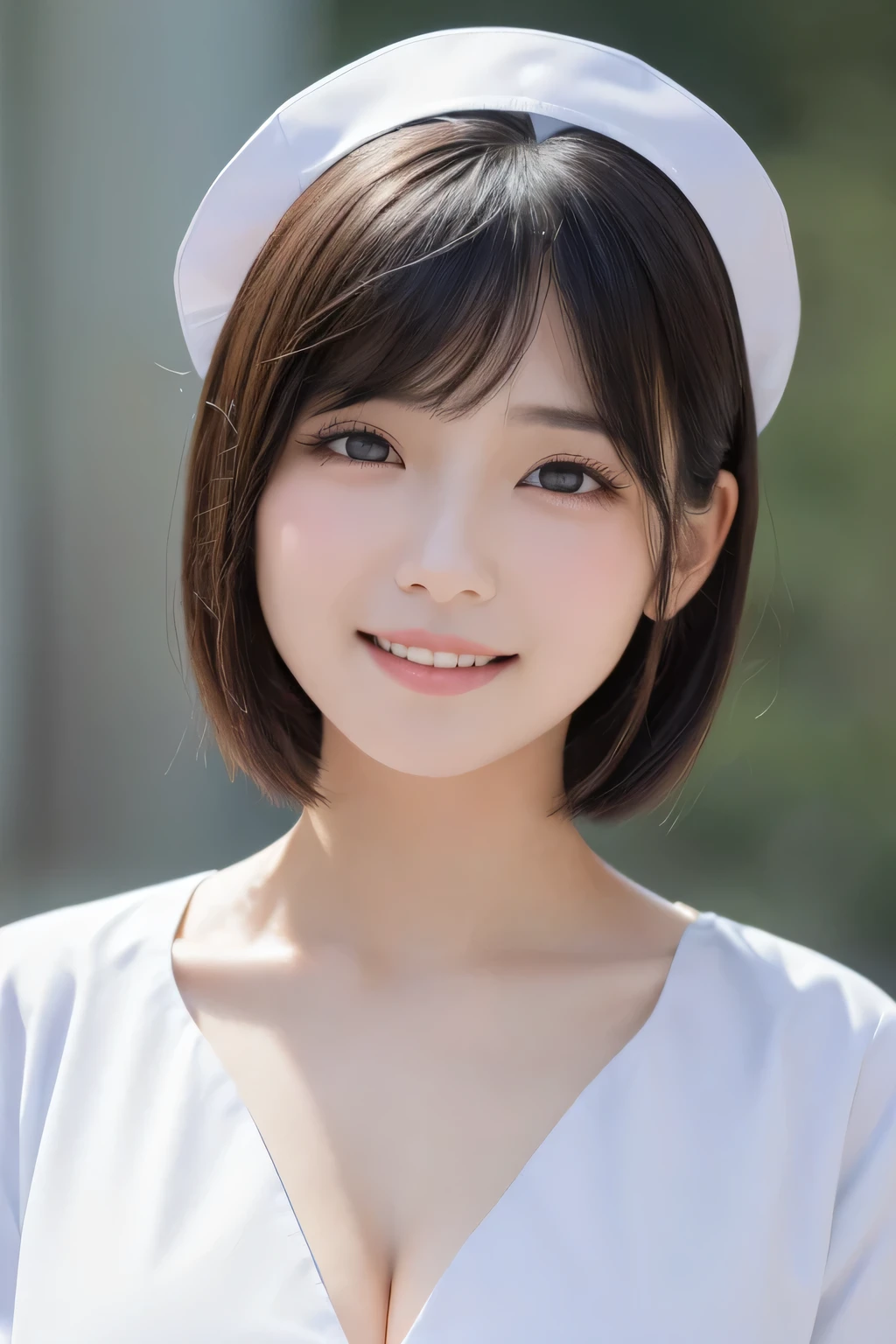(1 Girl)、(Beautiful Japanese、18years old,round face、Refreshing、clear、seems kind、stylish、Pitiful、cute like an angel、cute、black eyes、,actress,Almond-shaped eyes,Translucent white skin、Beautiful skin), Good style , (((Beautiful big breasts:1.2))),(((soft breasts))),(very cute),(Black hair),(short bob hair),(enchanting eyes),(highlight on eyes:1.2)、(8K、Live shooting、highest quality、masterpiece:1.2、optimal lighting)、((masterpiece)),(Photo taken by a professional photographer),(real、photo real:1.4),break,{ (White nurse costume),(((taraditional nurse uniform)))},(tears:1.4))(cheeks are red:1.2), break, break,Old abandoned hospital,Face shot:1.3、looking at viewer, face close-up,Looking up、Cleavage:1.6、Smile:0.7