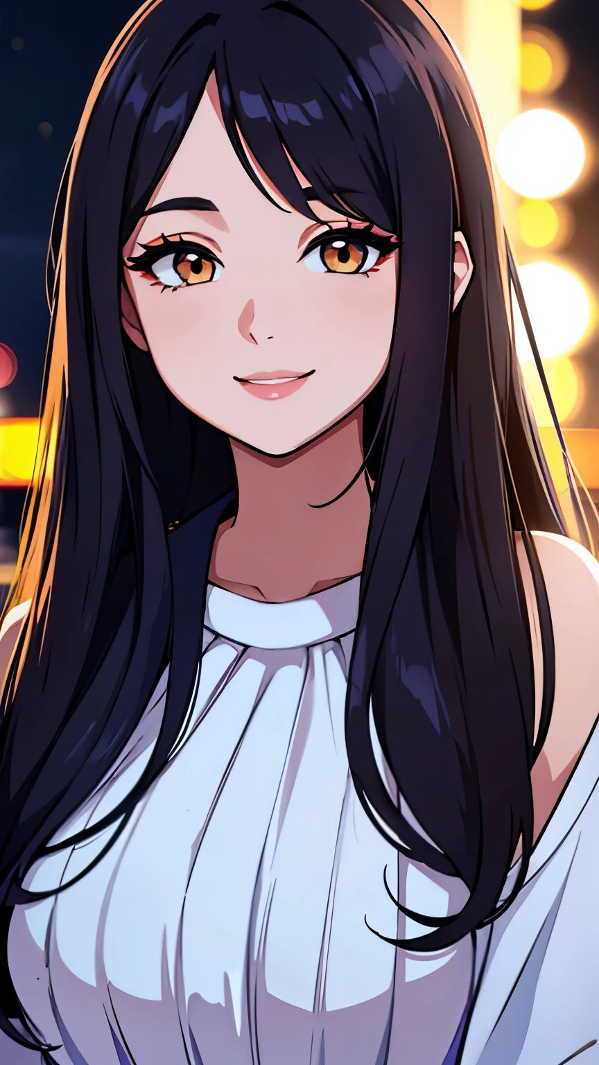 (highest quality, Natural light)、Stylish、detailed background、makeup、Long Hair、Brand Hair、night、Smile