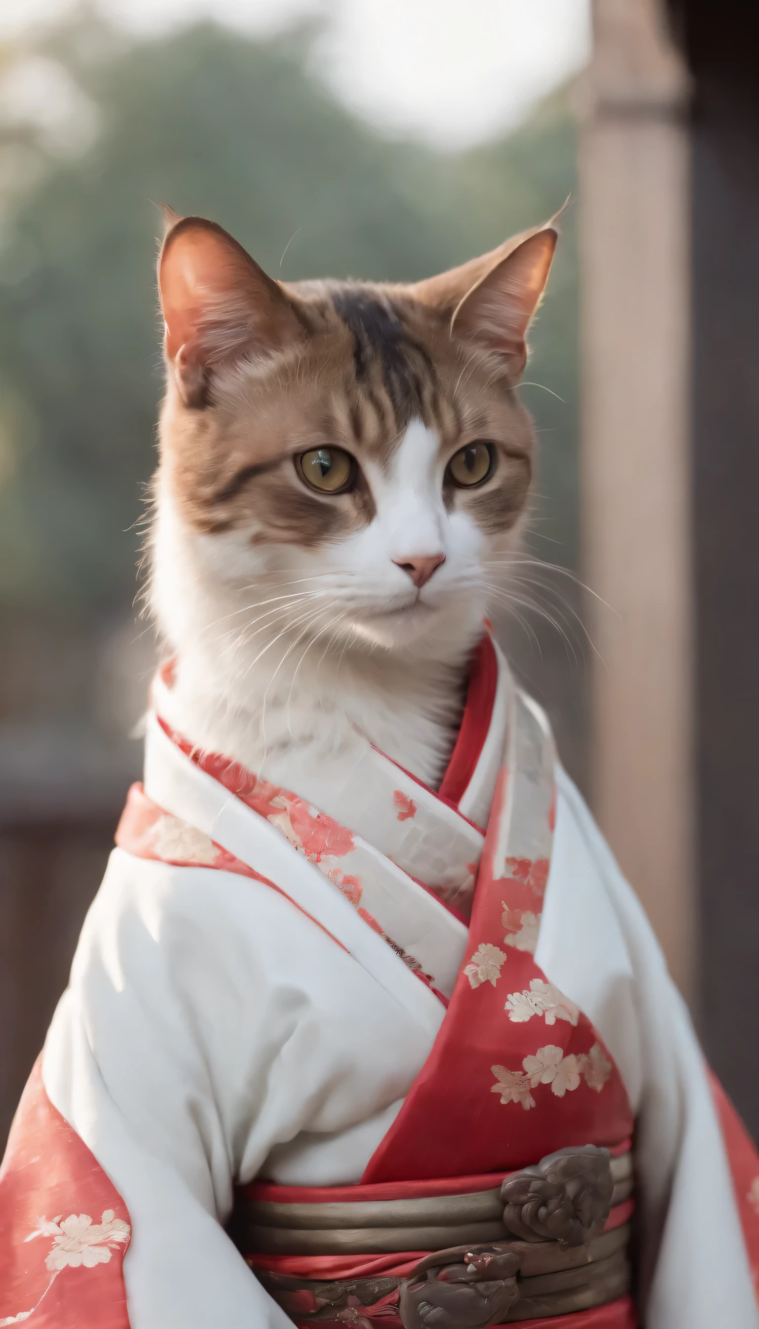 There is a cat there, Wearing a kimono with grace, Ancient Chinese Clothing, Flashy clothes, And fancy, Complicated Dress. Known as the Samurai Cat, This anime cat is an assassin. She is a very beautiful and cute girl cat, Often seen clothed. She is a charming cat girl in the style of a Han girl. She can be found in places such as Han mansions and palaces..