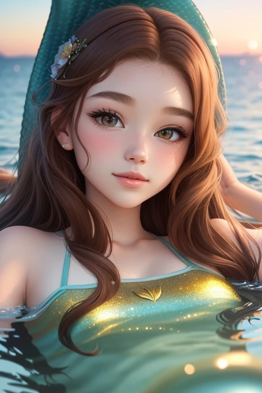 The girl is a beautiful mermaid on the sea with golden red tails.
20-year-old boy and 18-year-old girl. Detailed face, Detailed eyes, double eyelid, cute, sunny, warm vibes, Handsome-cool-warm-boy with brown hair and hot-seductive-sexy-cute-beautiful-girl with brown hair and blushing face. Intimate vibes.