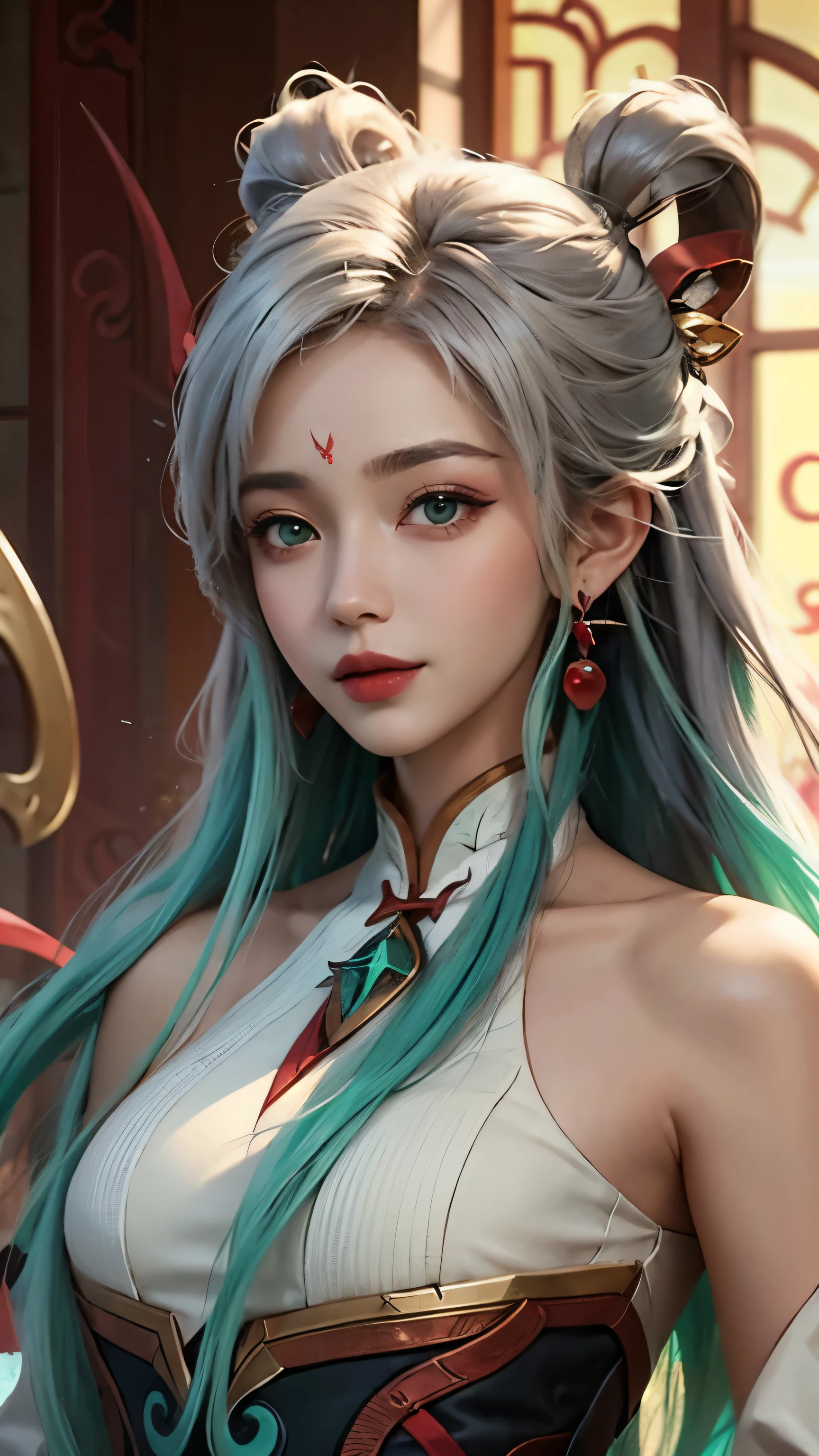 (masterpiece, best quality:1.2), intricate details, mythmaker irelia, 1girl, hair ornament, hair rings, bare shoulders, dress, detached sleeves, forehead mark, multicolored hair, white hair, earrings, green eyes, textured skin, looking at viewer, solo, light smile, (mature female:1.2)