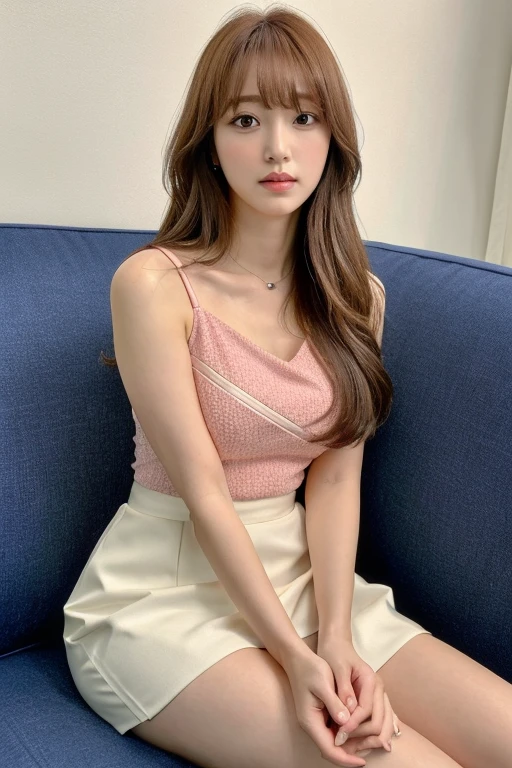 (Best quality, 8k, Masterpiece: 1.3)
1 girl, a Korean woman resembing Idol Chaewon, with emphasis on her slender legs shown through a small white skirt: 1.2, (hot pink top with a large neckline: 1.2), long, golden blonde hair: 1.3, ultra-realistic and human-like image, Detailed face, beautiful eyes, (sitting with good posture), bangs, slim waist, long legs, Light Brown Straight Hair, (thick lips), (arms crossed in her lap)