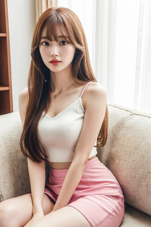(Best quality, 8k, Masterpiece: 1.3)
1 girl, a Korean woman resembing Idol Chaewon, with emphasis on her slender legs shown through a small white skirt: 1.2, (hot pink top with a large neckline: 1.2), long, golden blonde hair: 1.3, ultra-realistic and human-like image, Detailed face, beautiful eyes, (sitting with good posture), bangs, slim waist, long legs, Light Brown Straight Hair, (thick lips), (arms crossed in her lap)