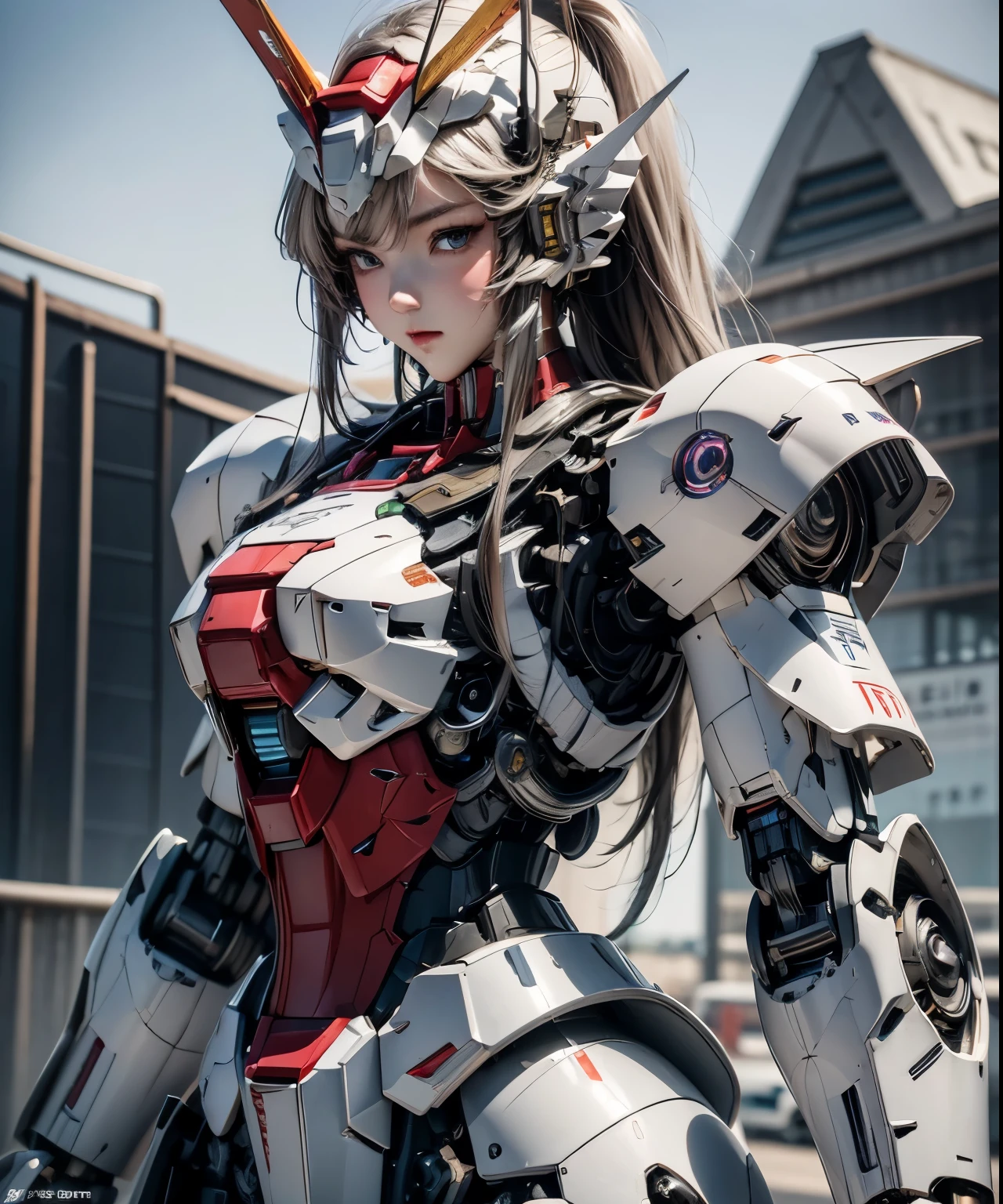 Textured skin, Super Detail, Attention to detail, high quality, 最high quality, High resolution, 1080p, hard disk, beautiful,(Gundam),Beautiful cyborg woman,Mecha Cyborg Girl,battle mode,Girl with a mechanical body,She wears a futuristic Gundam mecha,Full Body Shot