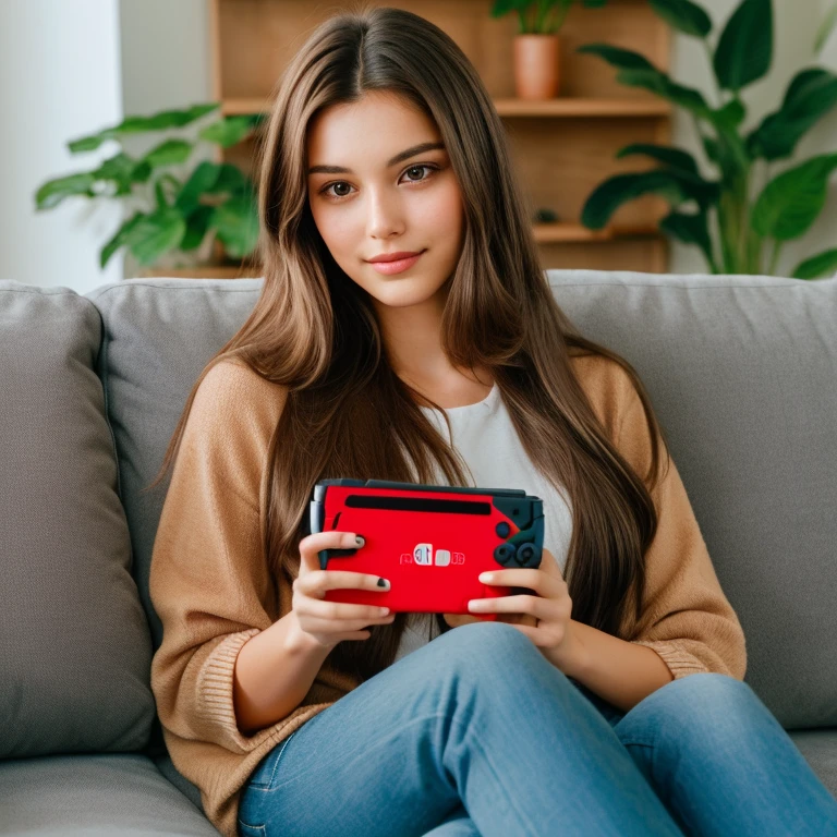 woman with long brown hair, brown eyes, potret in a living room, holding a nintendo switch, with both hands, 25 years old, laying flat on a couch,