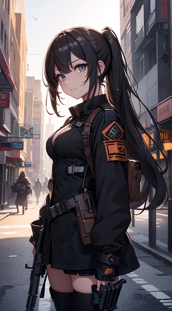 (extremely detailed CG unity 8k wallpaper),(masterpiece), (best quality), (ultra-detailed), (best illustration),(best shadow), cowboy shot, (sharp eyeliner, eyeshadow, detailed eyes:1.1), (city background:1.2), ,BREAK , mod3 (girl frontline), , 