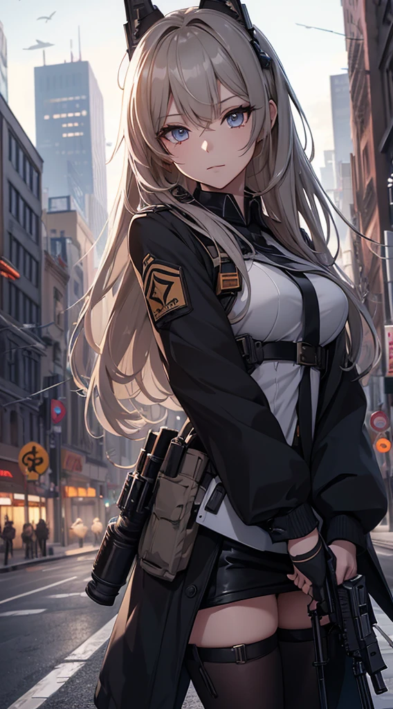 (extremely detailed CG unity 8k wallpaper),(masterpiece), (best quality), (ultra-detailed), (best illustration),(best shadow), cowboy shot, (sharp eyeliner, eyeshadow, detailed eyes:1.1), (city background:1.2), ,BREAK , mod3 (girl frontline), ,