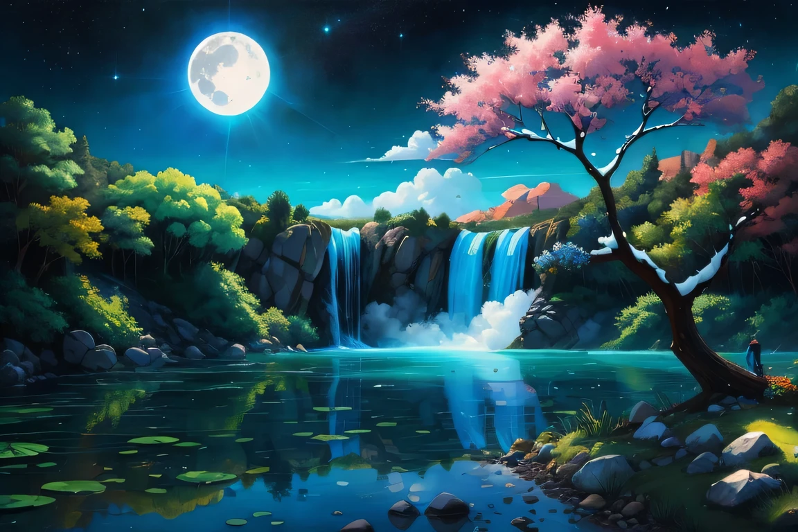 pintura de'uma cachoeira e'a tree in a forest at night, Beau ANTECEDENTES D'tela, Background illustration, ANTECEDENTES D'such animated nature, Lindo luar night, ANTECEDENTES D'such an animated landscape, linda cachoeira tranquila, ANTECEDENTES D'tela nature, paisagem natural noturna, ANTECEDENTES D'tela incroyable, ANTECEDENTES D'tela de paysages, anime linda cena de paz, Lindo luar, nuit calme. digital illustration, ANTECEDENTES D'tela HD 4K very detailed