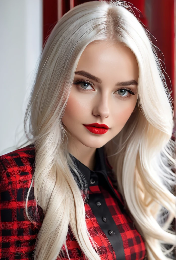 BEAUTIFUL GIRL OF MODEL APPEARANCE,with long white hair ,IN A RED AND BLACK CHECKED SKIRT,IN A SHORT SKIRT,ABOVE KNEE SKIRT,Skin detailing,LUMINESCENT ,8K