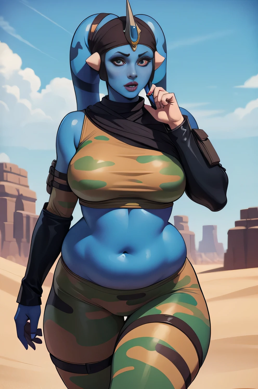 blue skin, twi'lek, slave, wearing brown rags, busty, chubby, fat, sexy body, curvy, chubby belly, fat rolls, scared, in a prison,