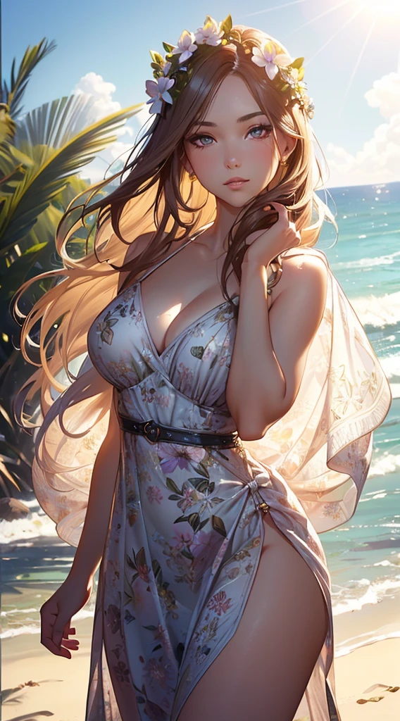 mdnn, (sharp focus:1.2), portrait, attractive young woman, (beautiful face:1.1), detailed eyes, luscious lips, (eye makeup:1.2), (tight body:1.2), wearing (flowery dress:1.2) at (the beach:1.2). (morning sun lighting:1.2), depth of field, bokeh, 4K, HDR. by (James C. Christensen:1.2|Jeremy Lipking:1.1).