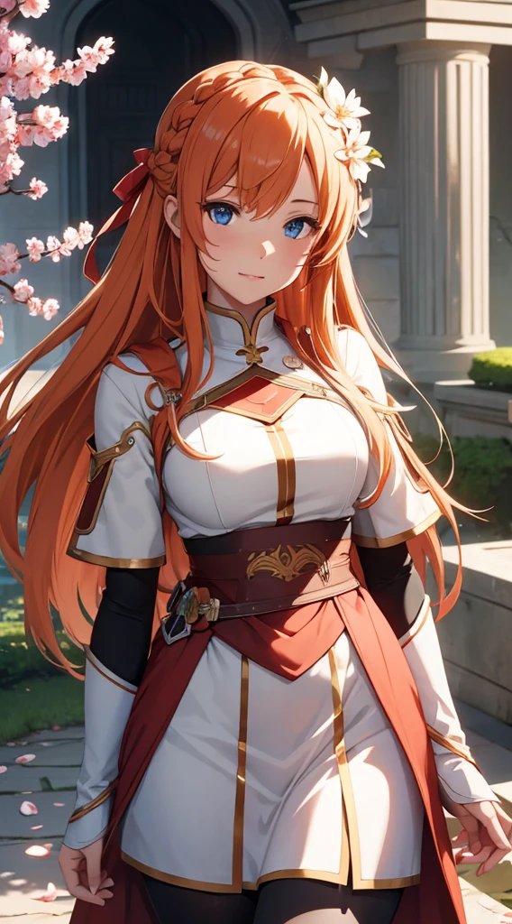 asuna, ((masterpiece)), highres, asuna (sao), crown braid, light orange hair, armor, cherry blossoms, dutch angle