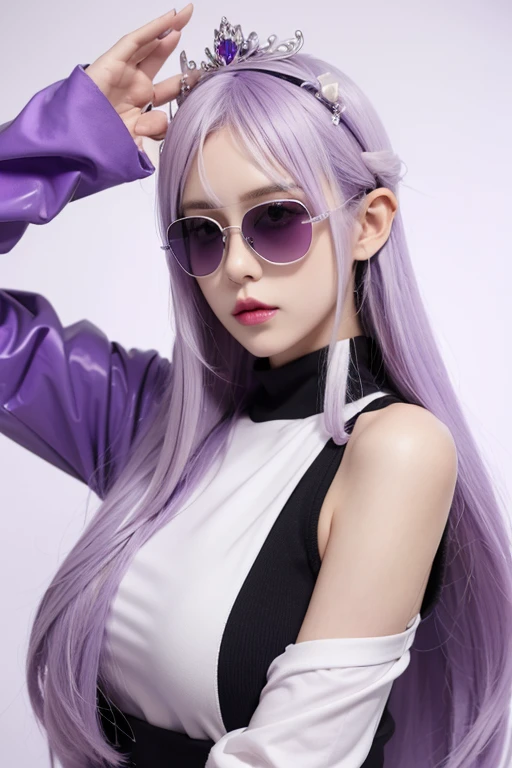 , Mechanical Girl,Long purple-white gradient hair、indifferent、Kind,Wear purple sunglasses,Anime Characters,Wears a white crown on his head