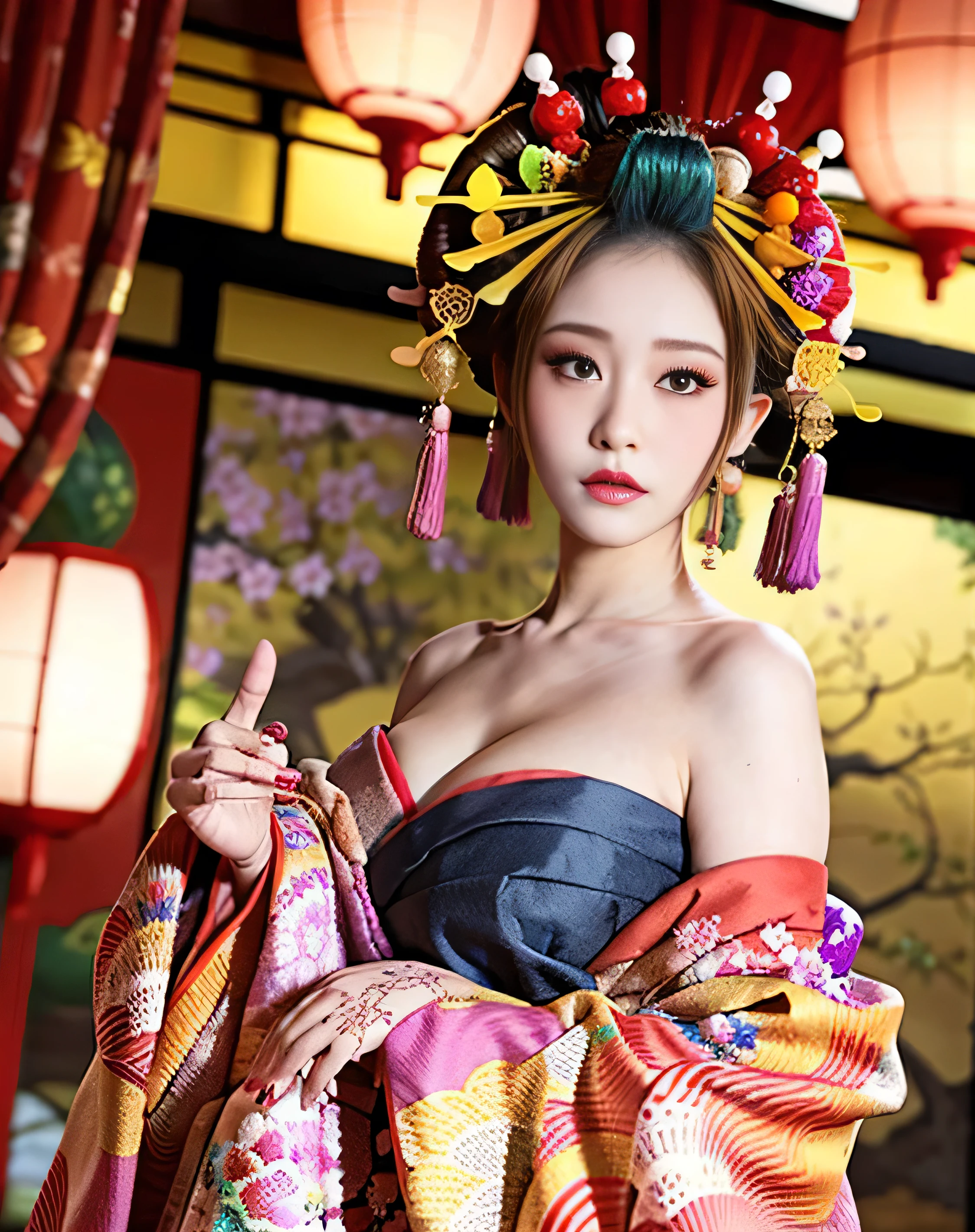 4k, masterpiece, High resolution, confused,Natural volumetric lighting and best shadows, 笑face,deep i is written in the depth of the world,soft delicate beautiful attractive face, beautiful edge courtesan_woman, a woman in a kimono posing for a picture ,Oiran with a perfect edge_face,Oiran with a perfect edge_body,edgOiran_compensate,edgOiran_hairstyle、NSFW、Overweight, Extremely fat, ((Chubby))、tits、Glamour