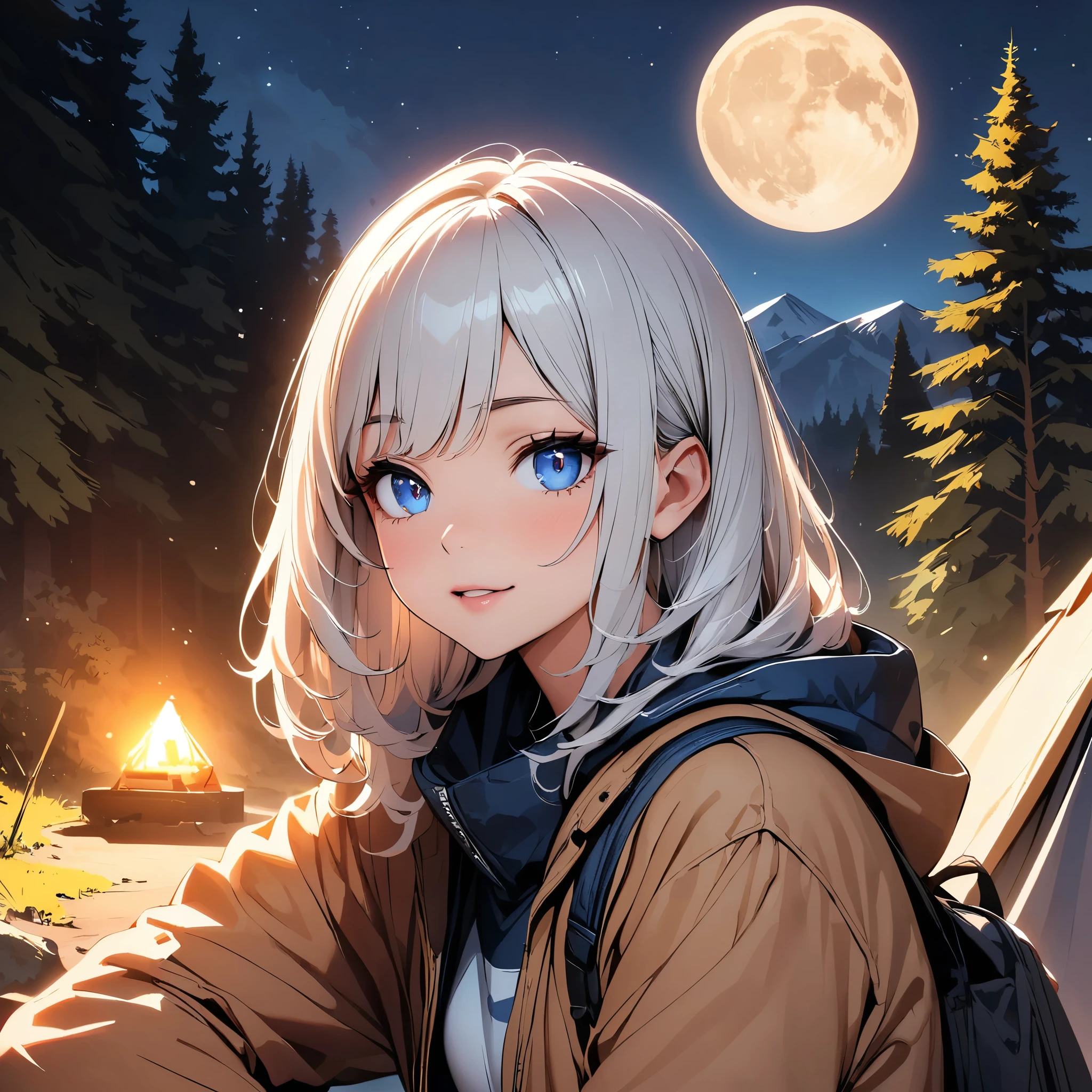 (highest quality:1.2, Very detailed, High Detail, High Contrast, masterpiece:1.2, highest quality, Best aesthetics), 1 Female, Detailed outdoor camping scene, Beautiful detailed eyes, Beautiful detailed lips, Very detailedな顔, Long eyelashes, Camping gear, Camping Tents, Night Sky, full moon, Star Moon, Star Moon, Mountain in the background々, pine tree, Stream with rocks.