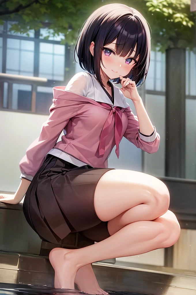 captivating scene featuring a beautiful anime-style Japanese junior hight school cute girl with distinct features, set against a spring wonderland backdrop. The Japanese junior hight school cute girl will have black hair styled in a short bob, single eyelids, and hooded, sultry, deep set, captivating eyes of a striking dark pink colour. Her facial expression will be a gentle smile. Leg is very slender. Thigh is slender. hip is small. She'll be wearing a Japanese junior hight school suit themed adorned with an intricate very cute design. The background will depict a pool side. The action captured will be as if she's playfully leaping jumping action skill, adding a joy to the scene. This combination of elements should produce an ultra special quality image that feels like a masterpiece. bast size is very small.