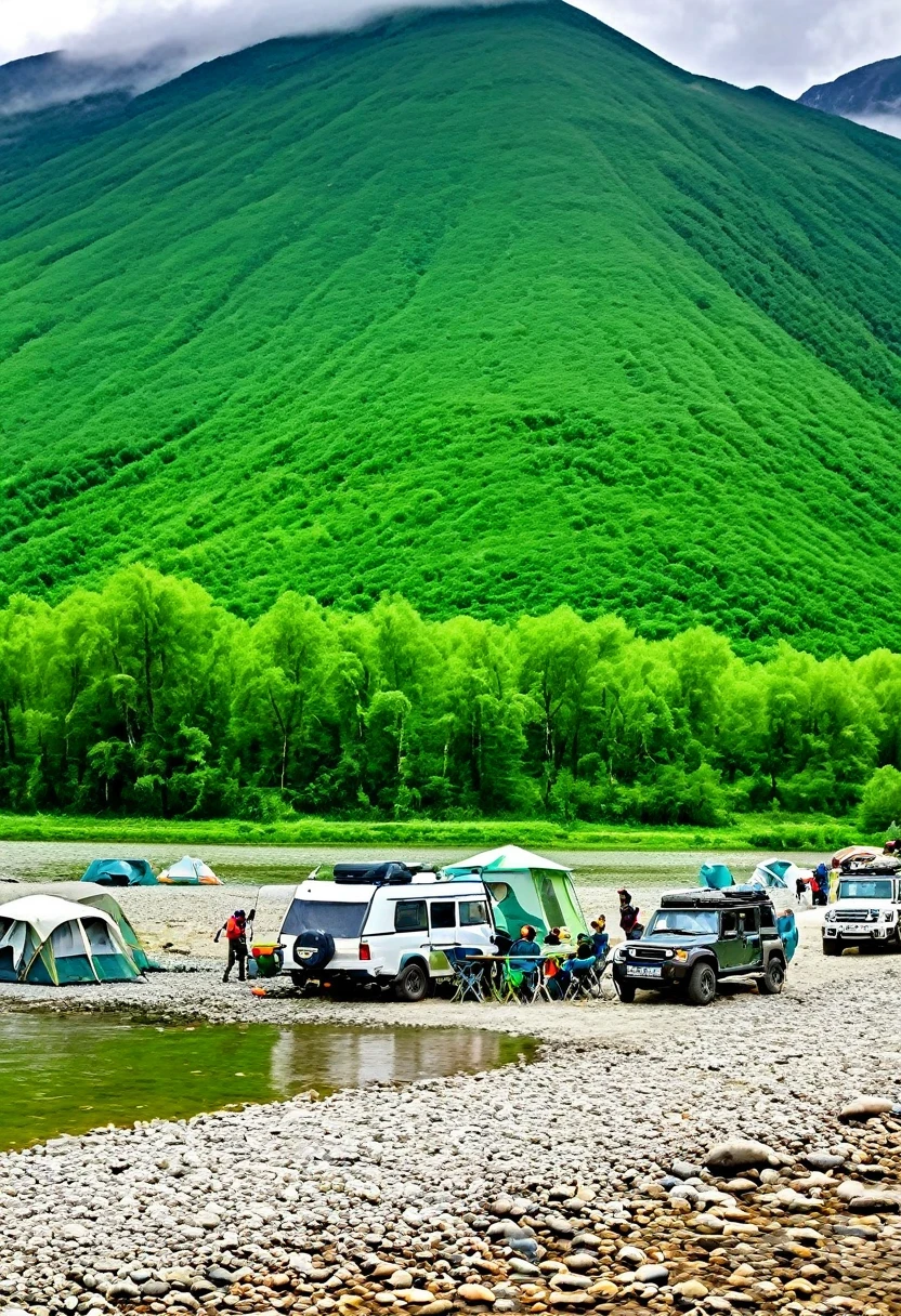 Outdoor Camping，Rivers and streams, green off-road vehicles, driving at high speeds in the water. There are white tents and camping tables on the grassy beach by the river, a group of young people happily gathering, a campfire, a joyful camping atmosphere, green mountains, off-road, car photography, photography