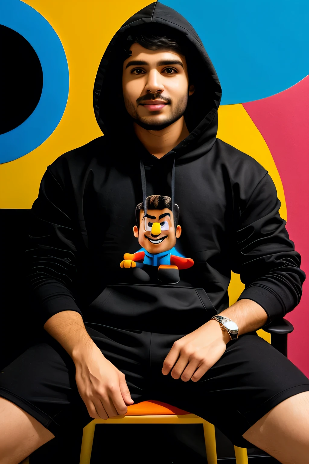 A 3d cartoon man front look in black hoodi sitting on a chair in his colorful studio